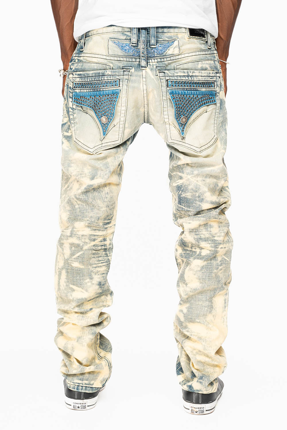 MENS FLAP POCKET SLIM JEANS IN NEW JAPAN LIGHT WASH WITH CRYSTALS