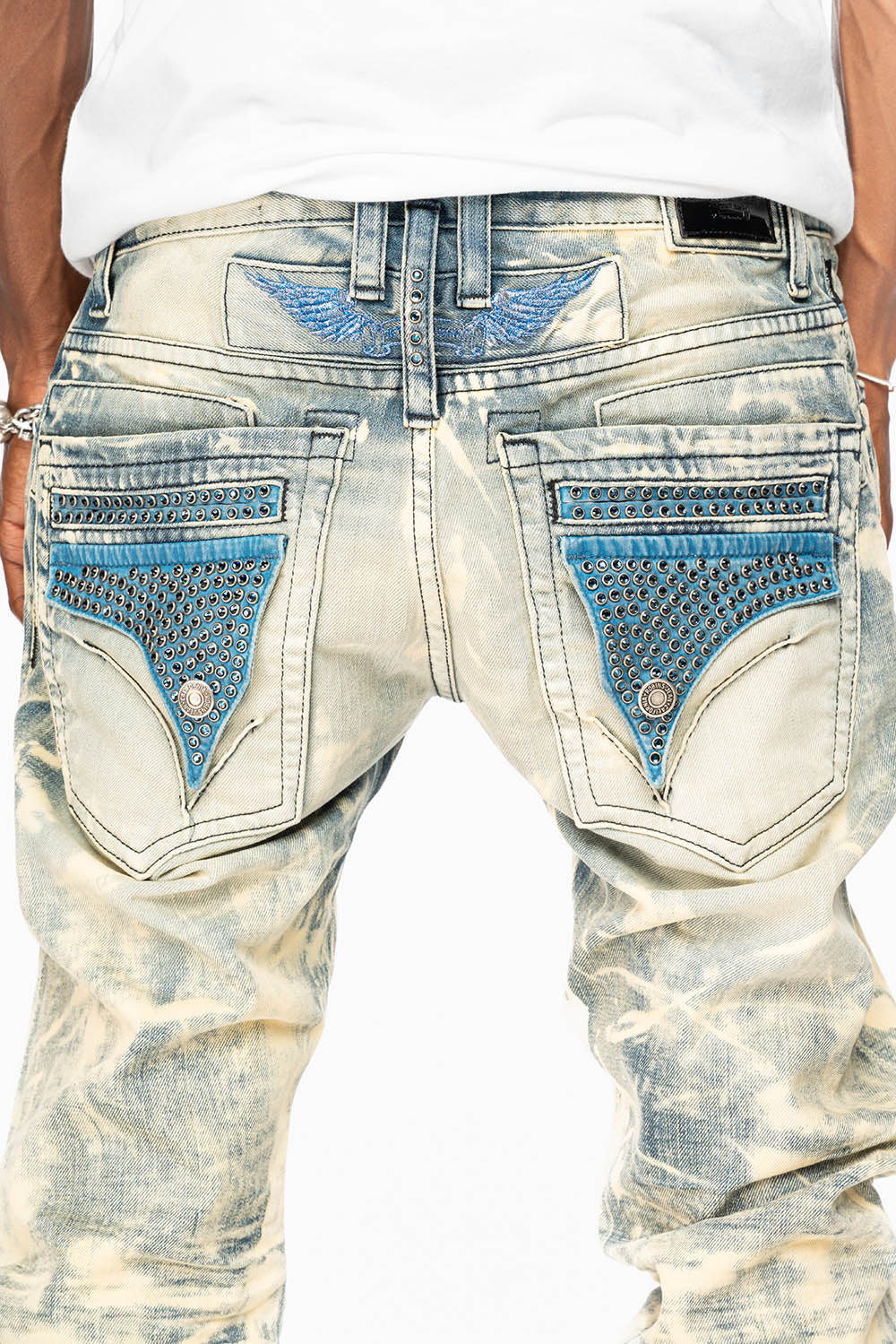MENS FLAP POCKET SLIM JEANS IN NEW JAPAN LIGHT WASH WITH CRYSTALS