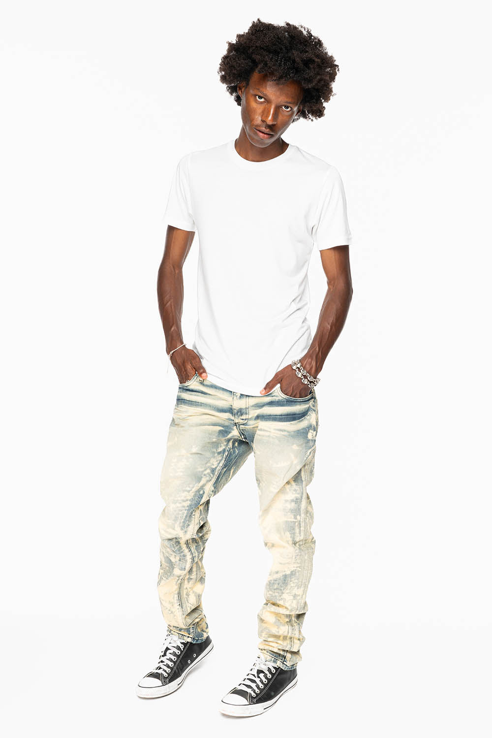 MENS FLAP POCKET SLIM JEANS IN NEW JAPAN LIGHT WASH WITH CRYSTALS