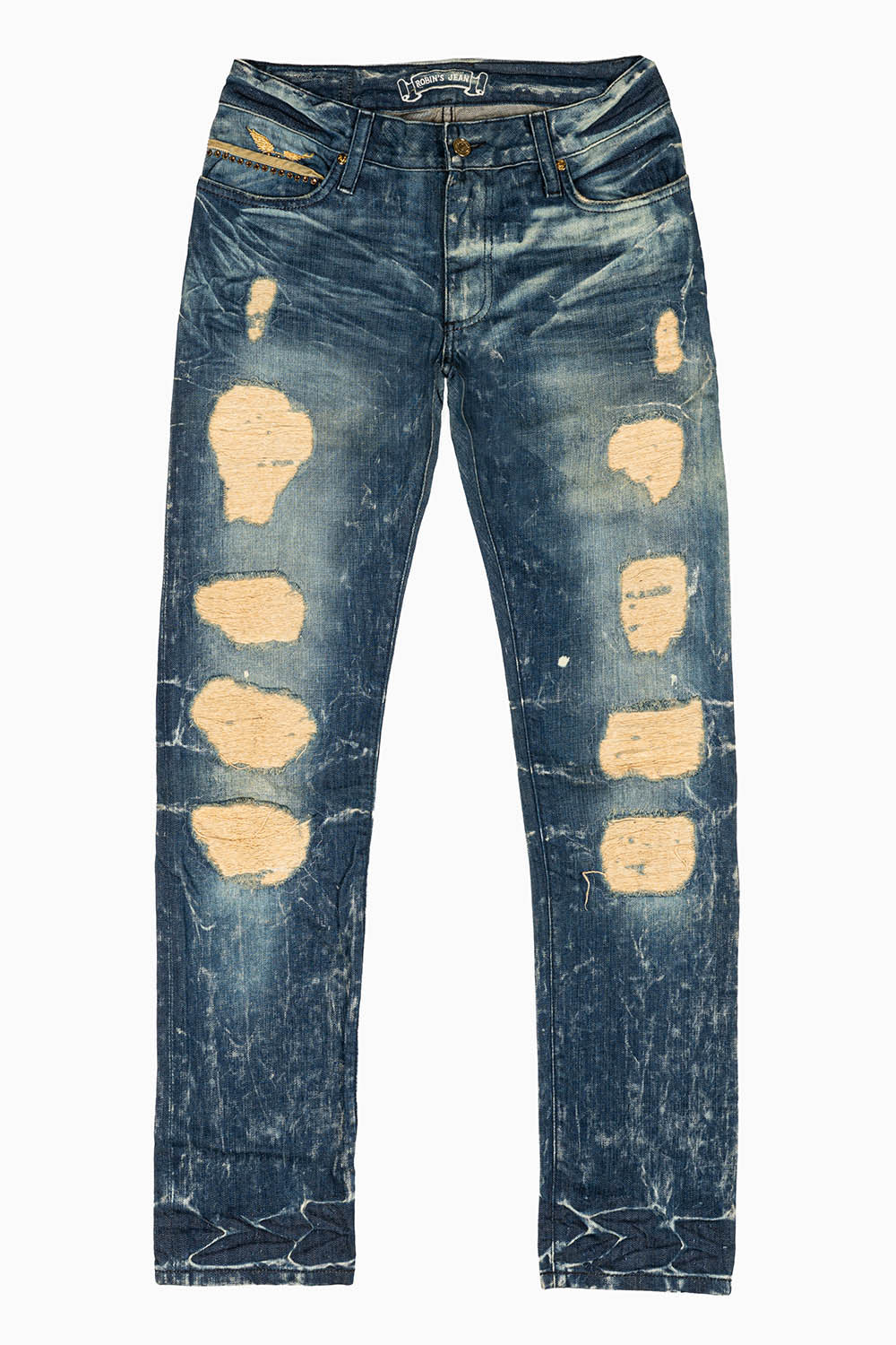 MENS MINI FLAP POCKET SLIM JEANS IN BLUE 4D DARK BROKEN WASH WITH CRYSTALS AND STUDS