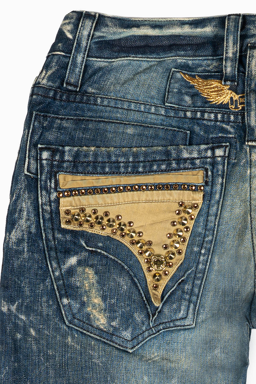 MENS MINI FLAP POCKET SLIM JEANS IN BLUE 4D DARK BROKEN WASH WITH CRYSTALS AND STUDS