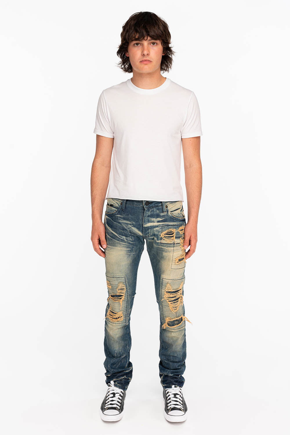 CROSSED OUT LONG FLAP MENS JEANS WITH CRYSTALS IN 4D DARK BROKEN