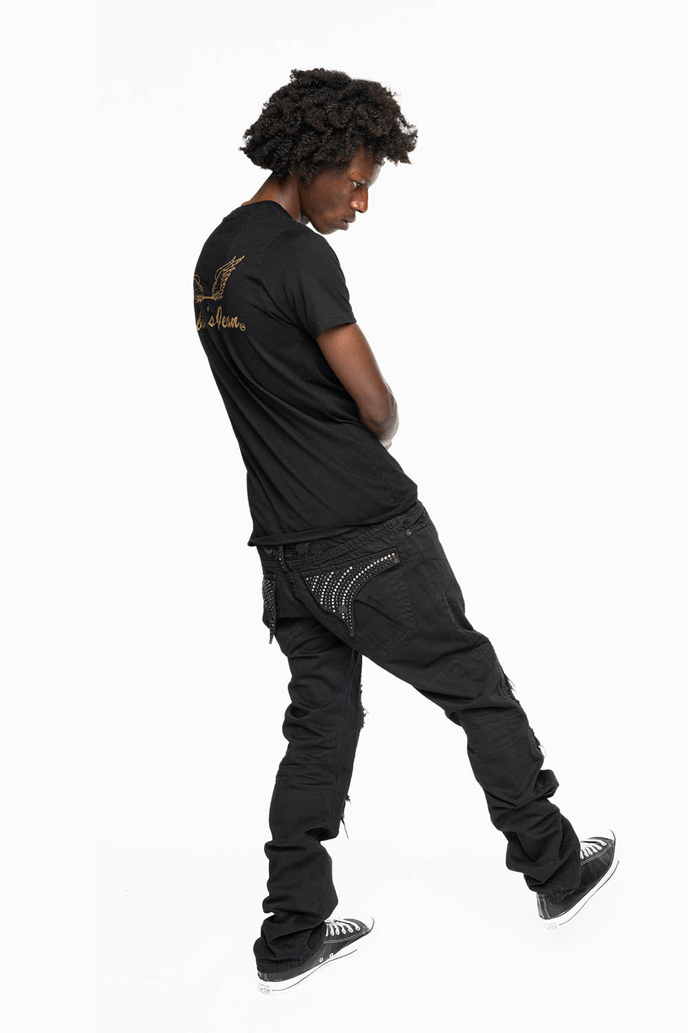 CROSSED OUT LONG FLAP MENS JEANS WITH CRYSTALS IN PURE BLK BROKEN