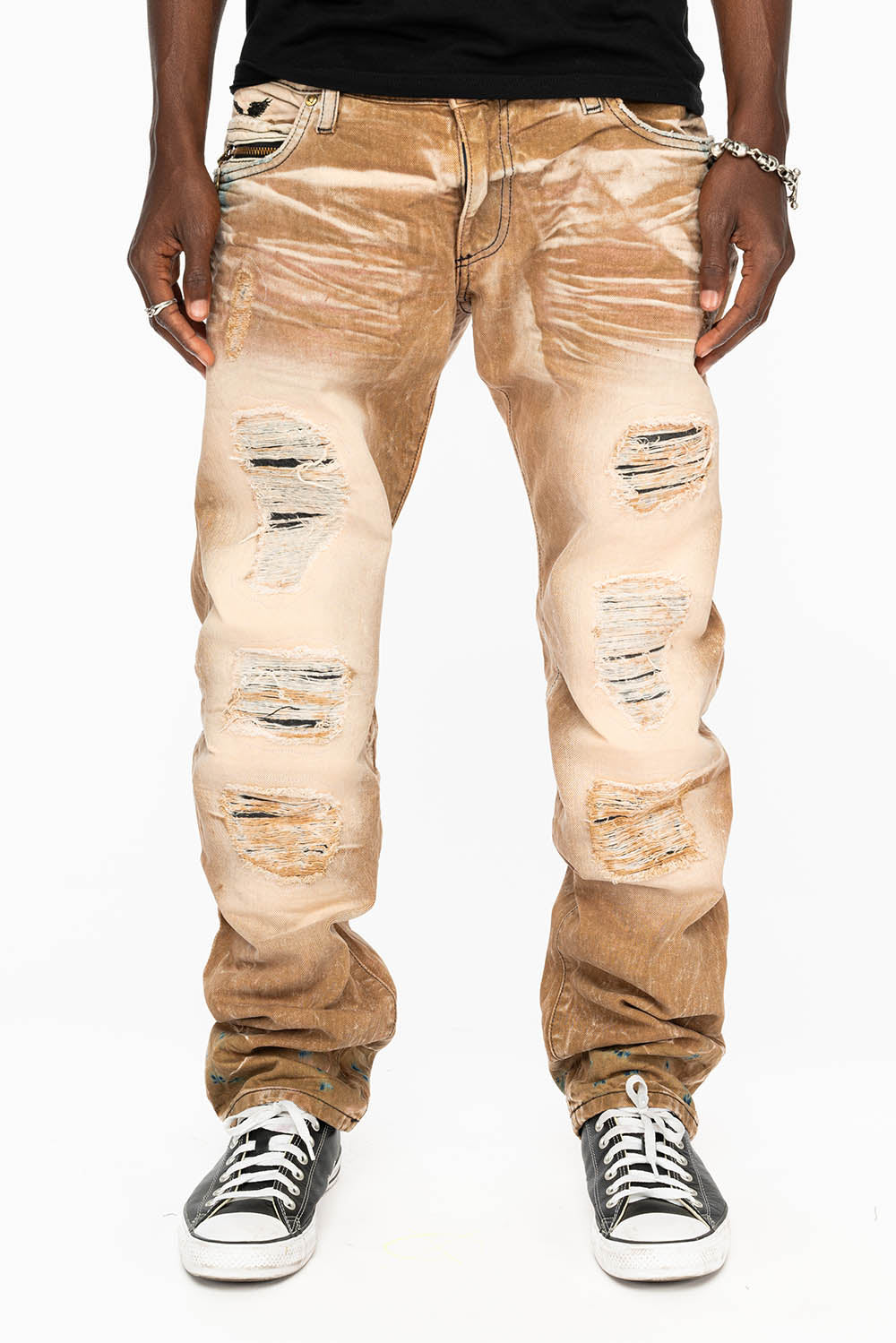 MINI FLAP MENS SLIM JEANS IN AMARETO DESTROY BACKING WITH CRYSTALS