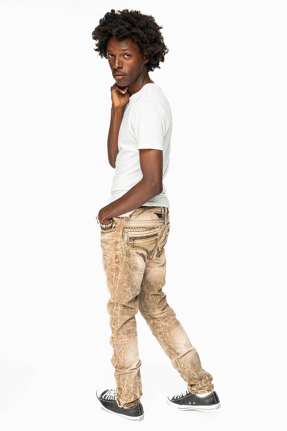 MINI FLAP MENS SLIM JEANS IN AMARETO DESTROY BACKING WITH CRYSTALS AND SPIKE