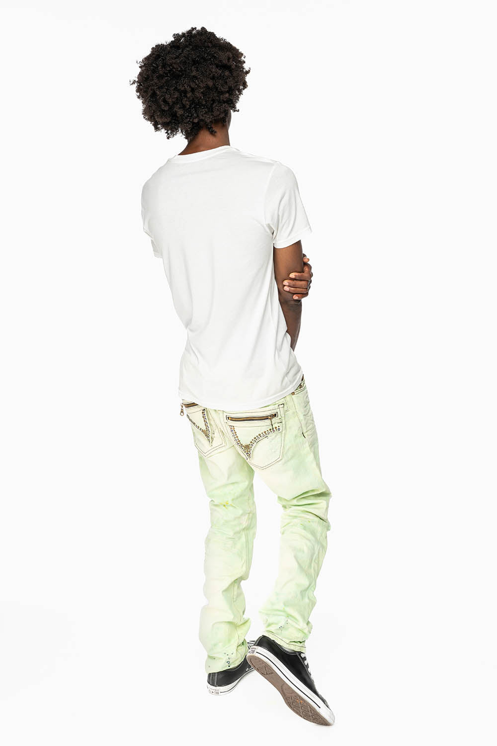 MINI FLAP MENS SLIM JEANS IN KEY LIME DESTROY BACKING WITH CRYSTALS