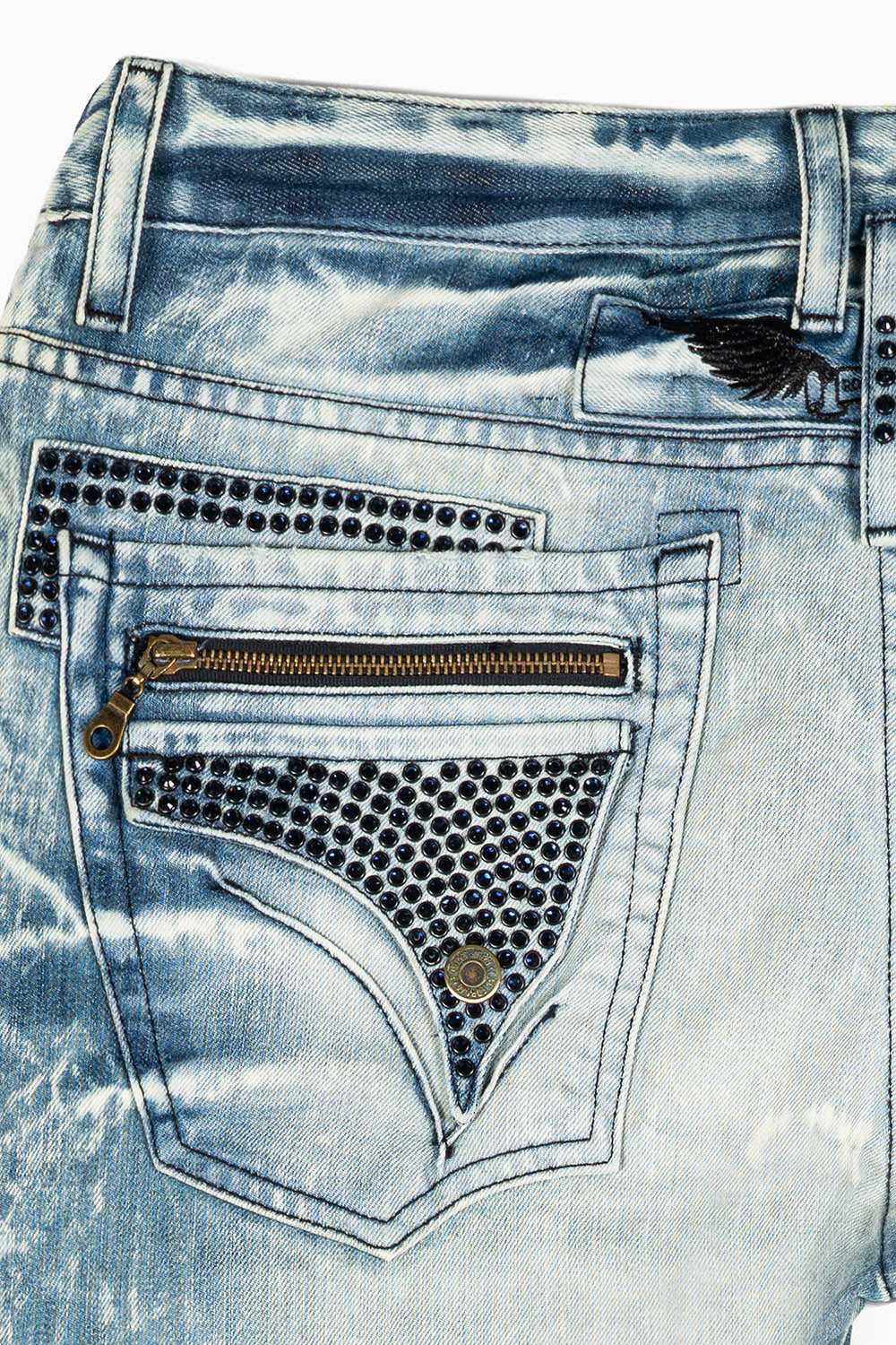 MINI FLAP MENS SLIM JEANS IN BLUE 5D MEDIUM BROKEN WASH WITH CRYSTALS