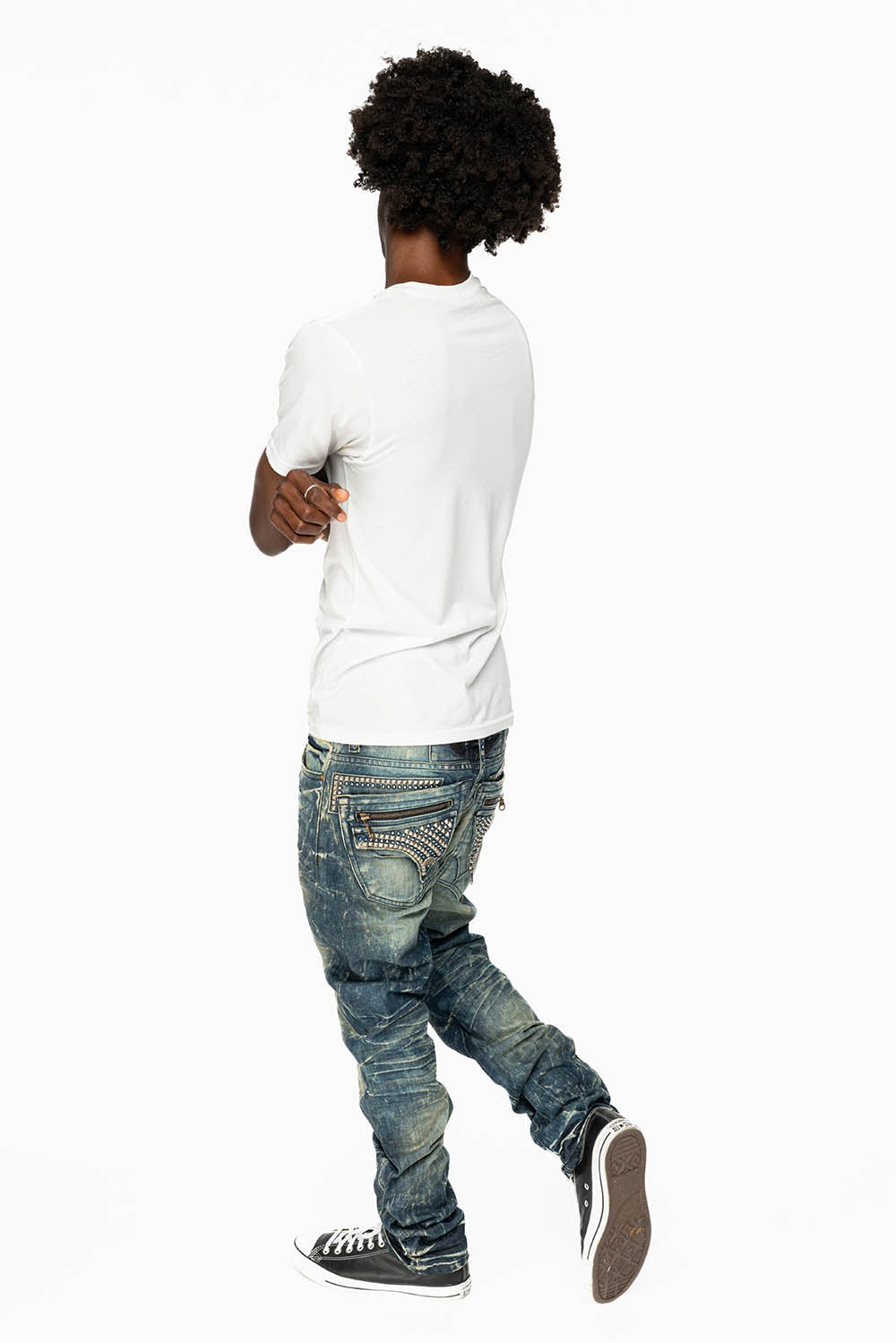 MINI FLAP MENS SLIM JEANS IN BLUE 4D DARK WASH WITH CRYSTALS AND SPIKE