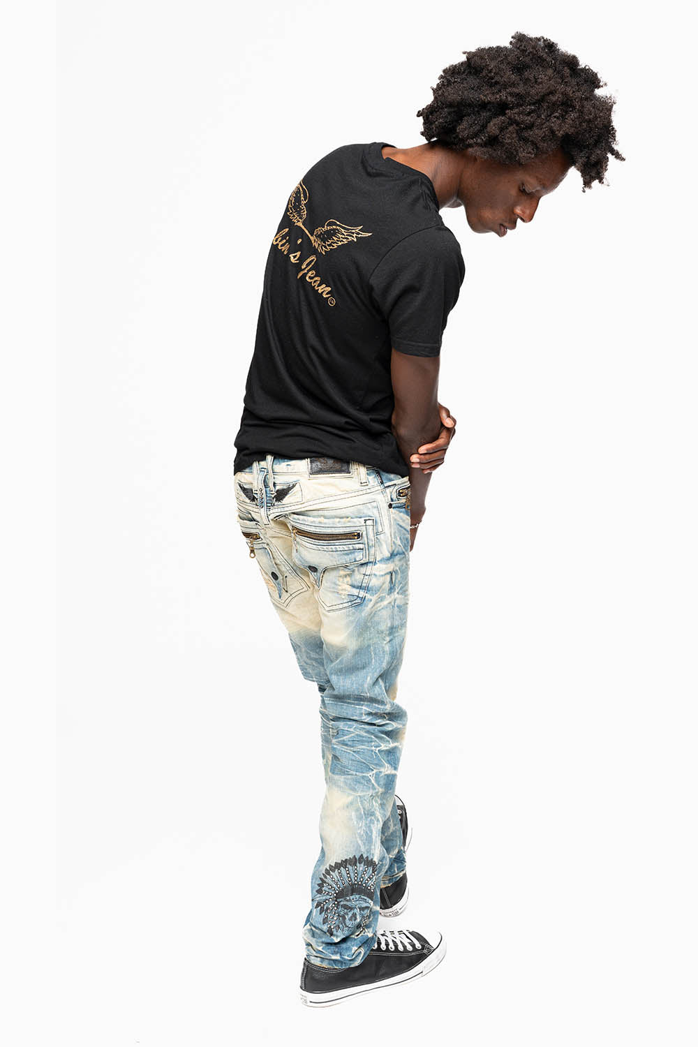 MINI FLAP MENS SLIM JEANS IN 5D MEDIUM BROKEN EMBELLISHED WITH PRINTED INDIAN HEAD CHIEF & CRYSTALS