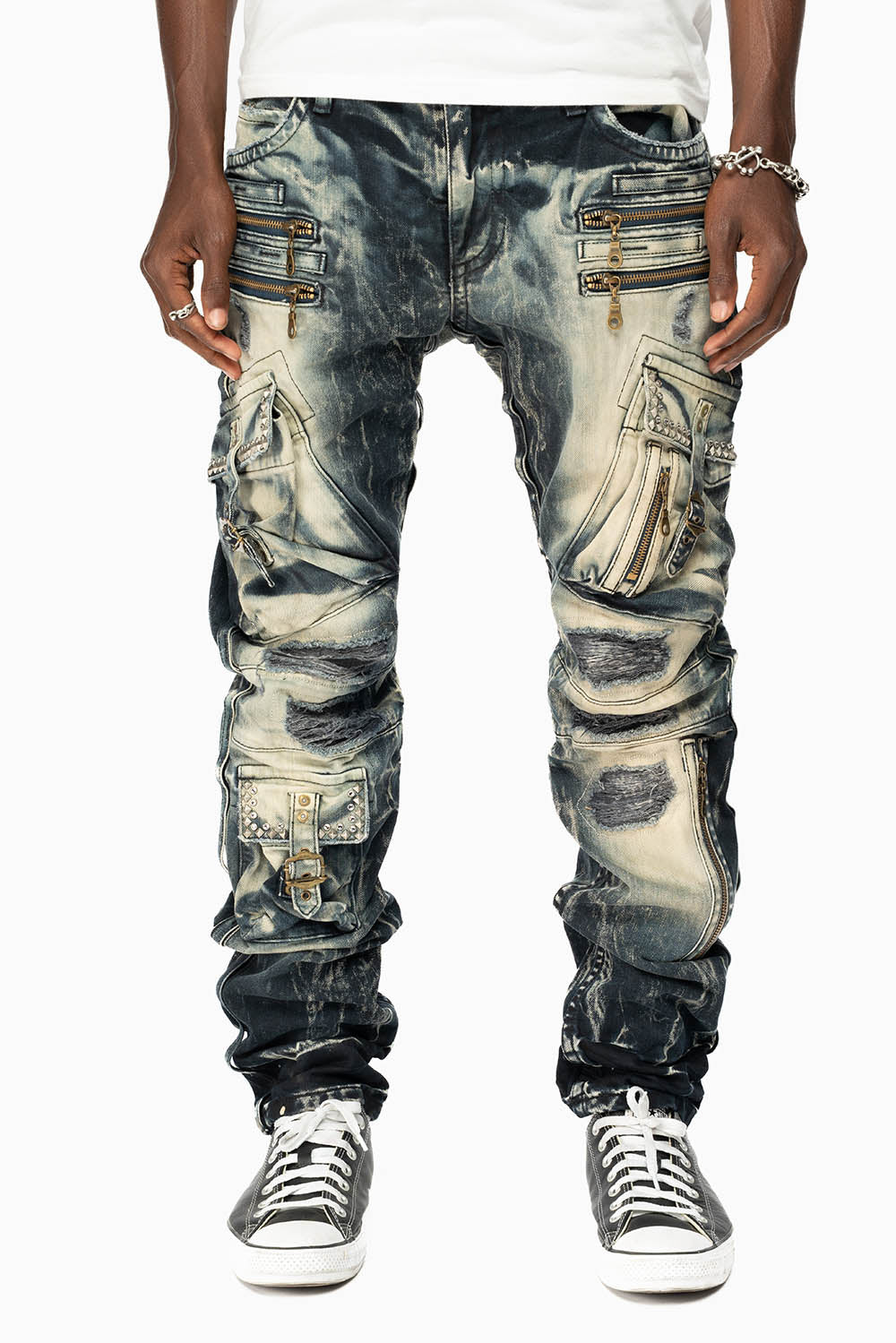 RAPTOR MILITARY STYLE CARGO JEAN IN LE MANS DESTROY WASH EMBELISHED WITH CRYSTALS AND NAIL HEADS