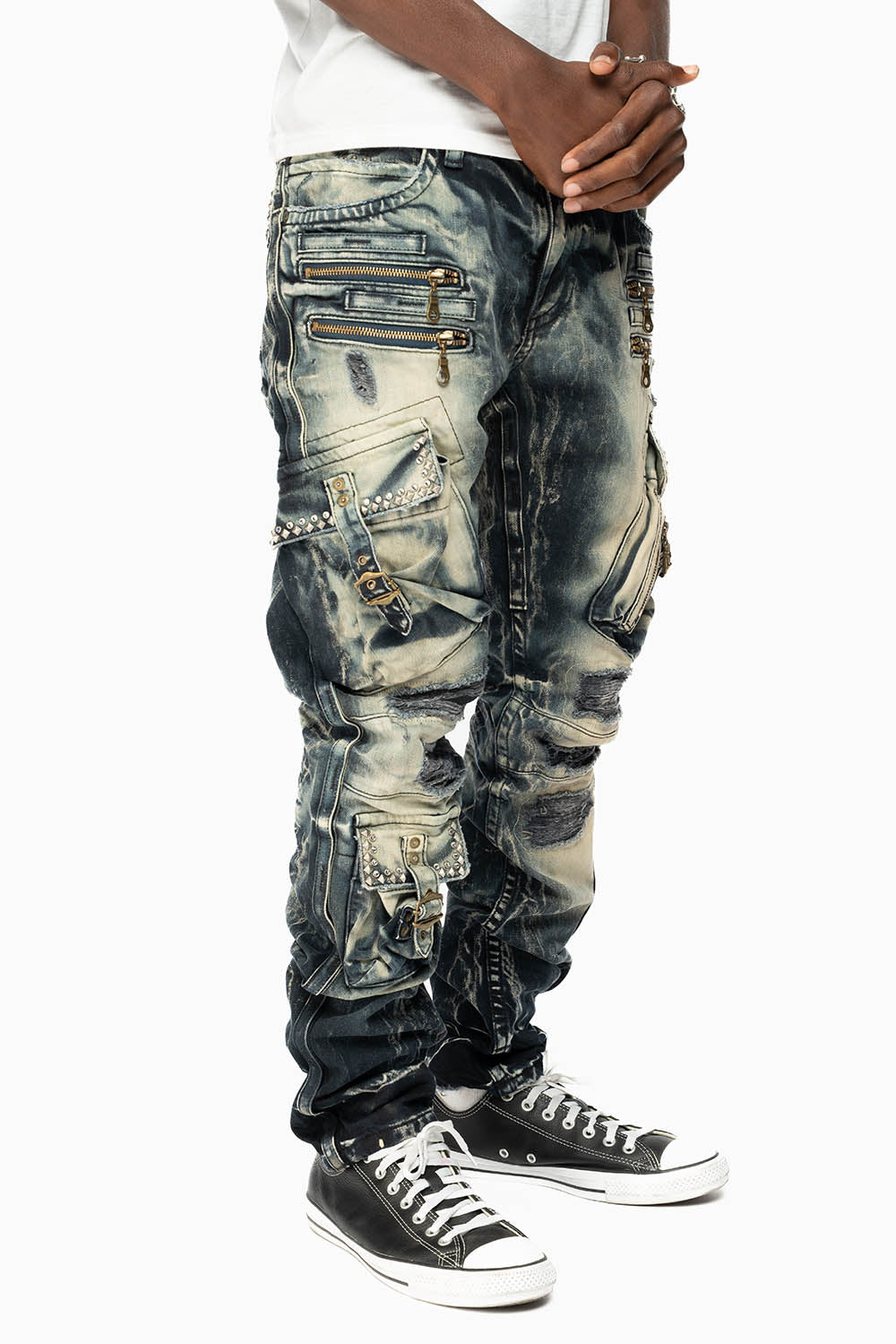 RAPTOR MILITARY STYLE CARGO JEAN IN LE MANS DESTROY WASH EMBELISHED WITH CRYSTALS AND NAIL HEADS