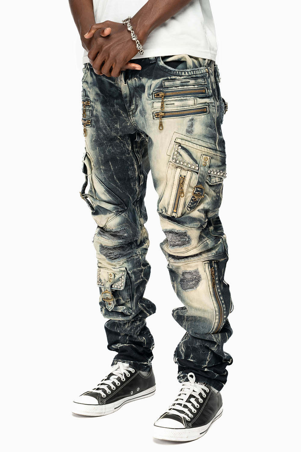 RAPTOR MILITARY STYLE CARGO JEAN IN LE MANS DESTROY WASH EMBELISHED WITH CRYSTALS AND NAIL HEADS