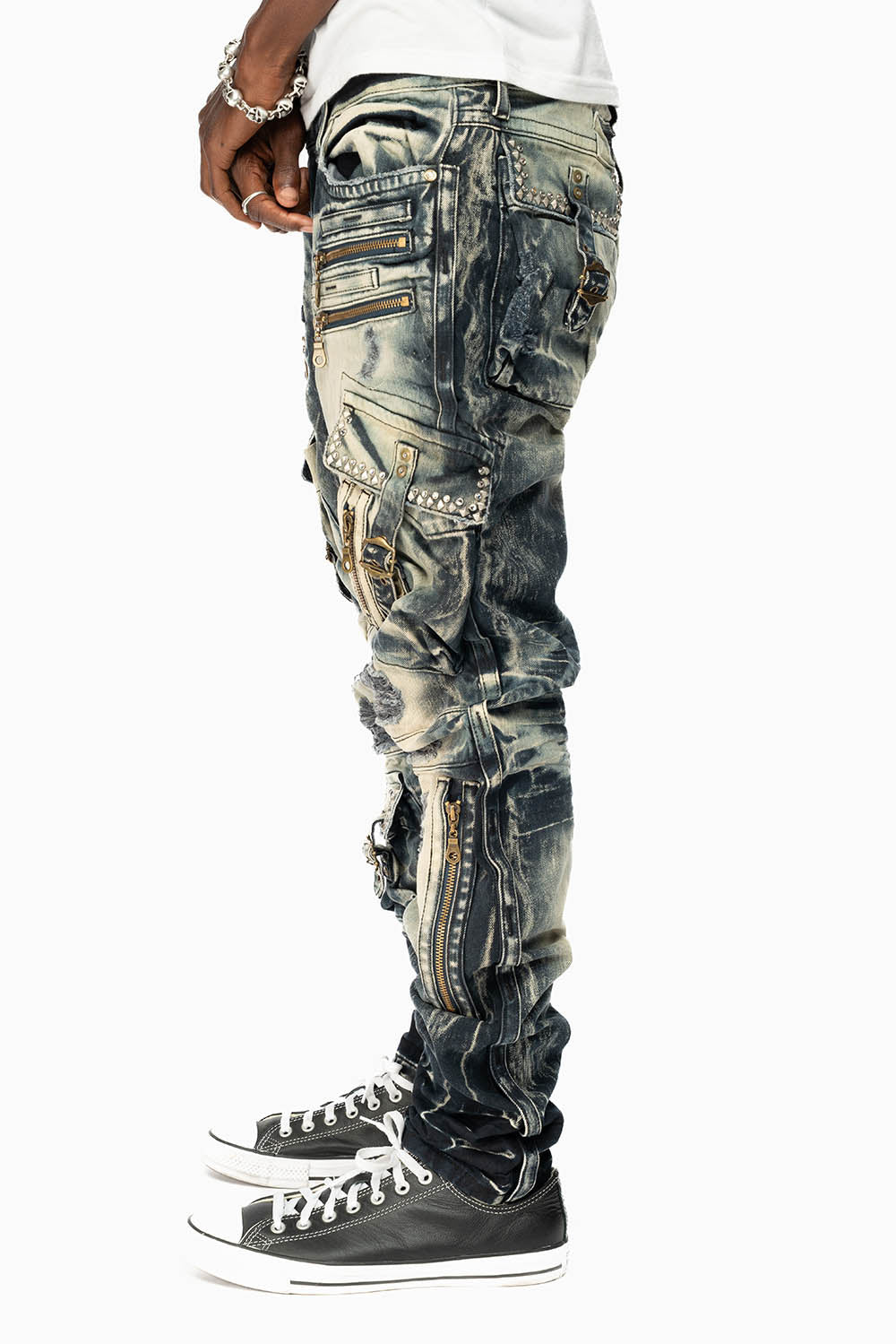RAPTOR MILITARY STYLE CARGO JEAN IN LE MANS DESTROY WASH EMBELISHED WITH CRYSTALS AND NAIL HEADS