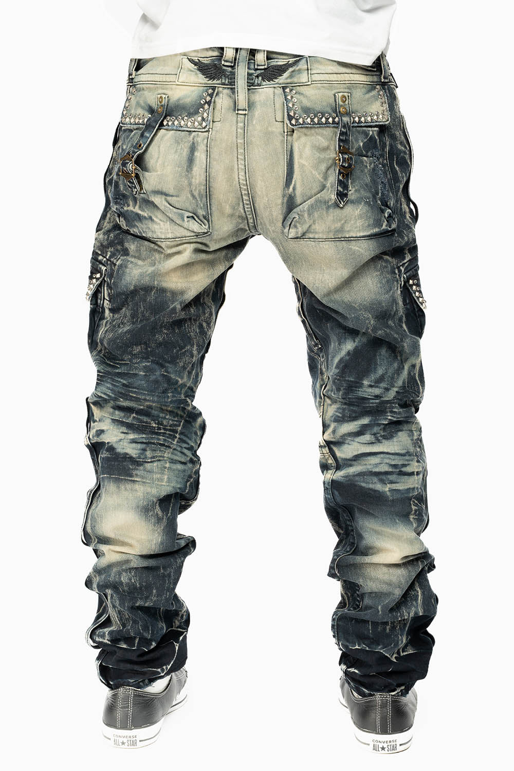 RAPTOR MILITARY STYLE CARGO JEAN IN LE MANS DESTROY WASH EMBELISHED WITH CRYSTALS AND NAIL HEADS