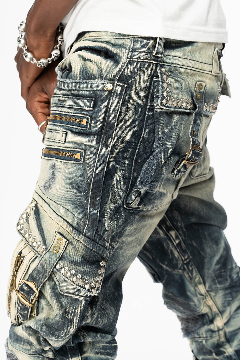 RAPTOR MILITARY STYLE CARGO JEAN IN LE MANS DESTROY WASH EMBELISHED WITH CRYSTALS AND NAIL HEADS