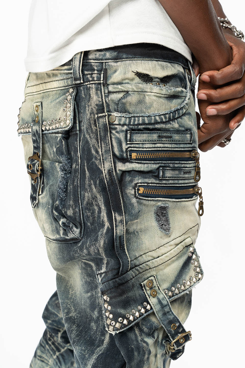 RAPTOR MILITARY STYLE CARGO JEAN IN LE MANS DESTROY WASH EMBELISHED WITH CRYSTALS AND NAIL HEADS