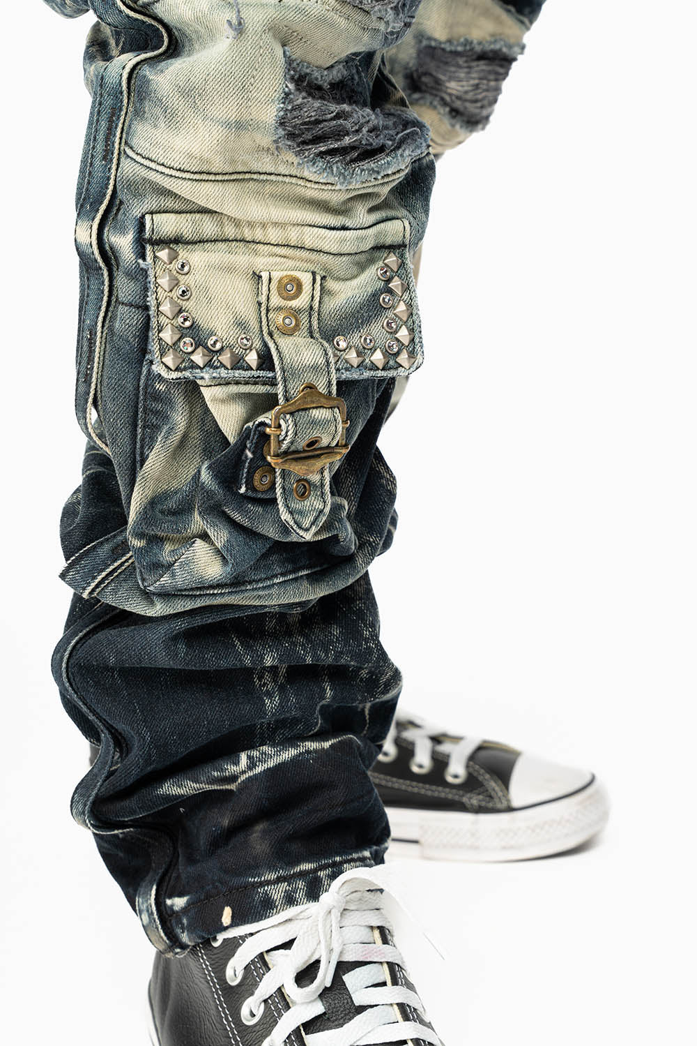 RAPTOR MILITARY STYLE CARGO JEAN IN LE MANS DESTROY WASH EMBELISHED WITH CRYSTALS AND NAIL HEADS
