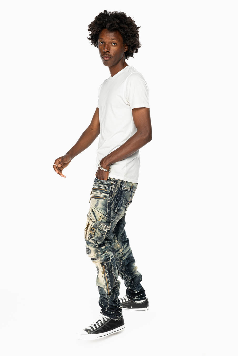 RAPTOR MILITARY STYLE CARGO JEAN IN LE MANS DESTROY WASH EMBELISHED WITH CRYSTALS AND NAIL HEADS