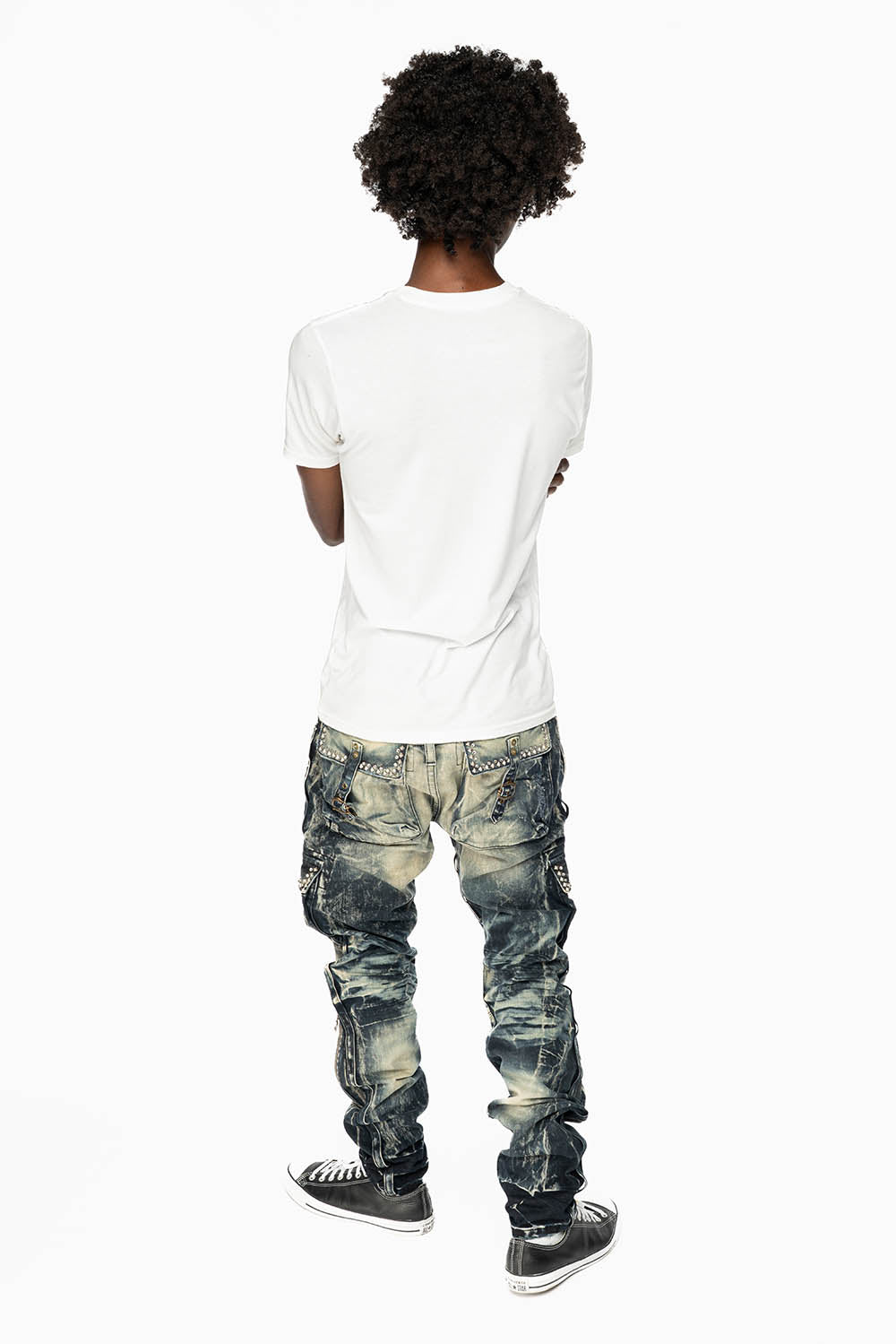 RAPTOR MILITARY STYLE CARGO JEAN IN LE MANS DESTROY WASH EMBELISHED WITH CRYSTALS AND NAIL HEADS