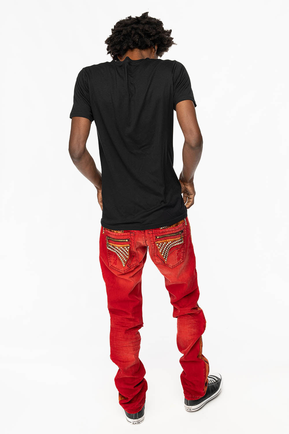 MINI FLAP MENS SLIM JEANS IN F-UP RED BROKEN WASH WITH CRYSTALS AND STUDS