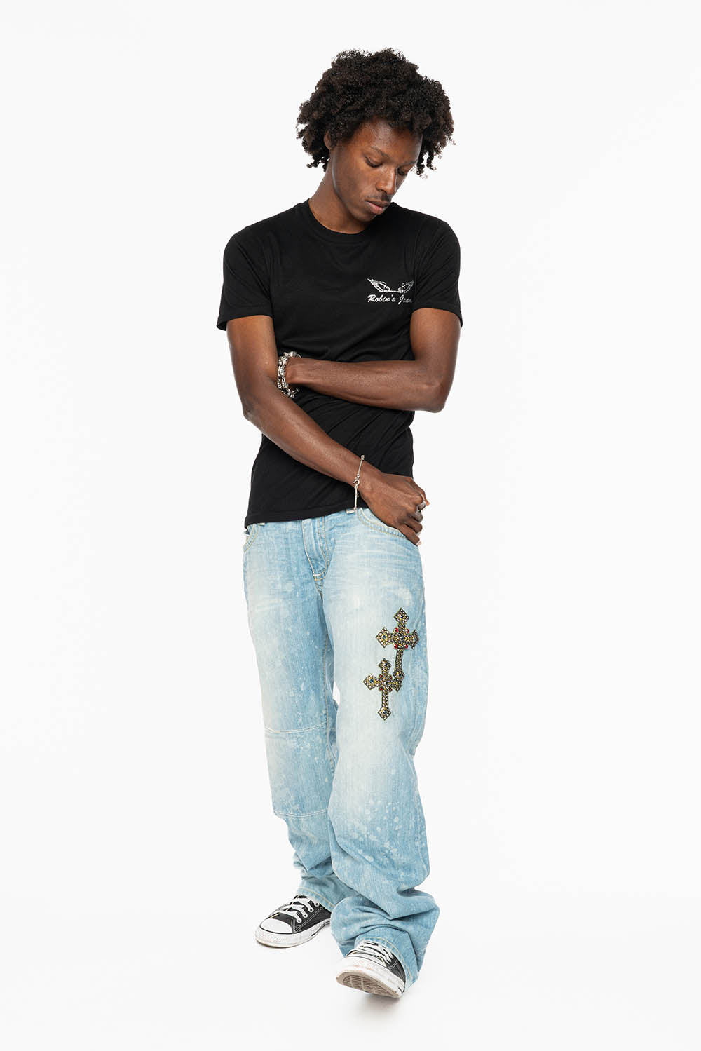 ROBIN’S BOOT CUT JEAN IN 5D LIGHT WASH EMBELLISHED WITH MULTIPLE CROSS PATCHES AND CRYSTALS ALL OVER