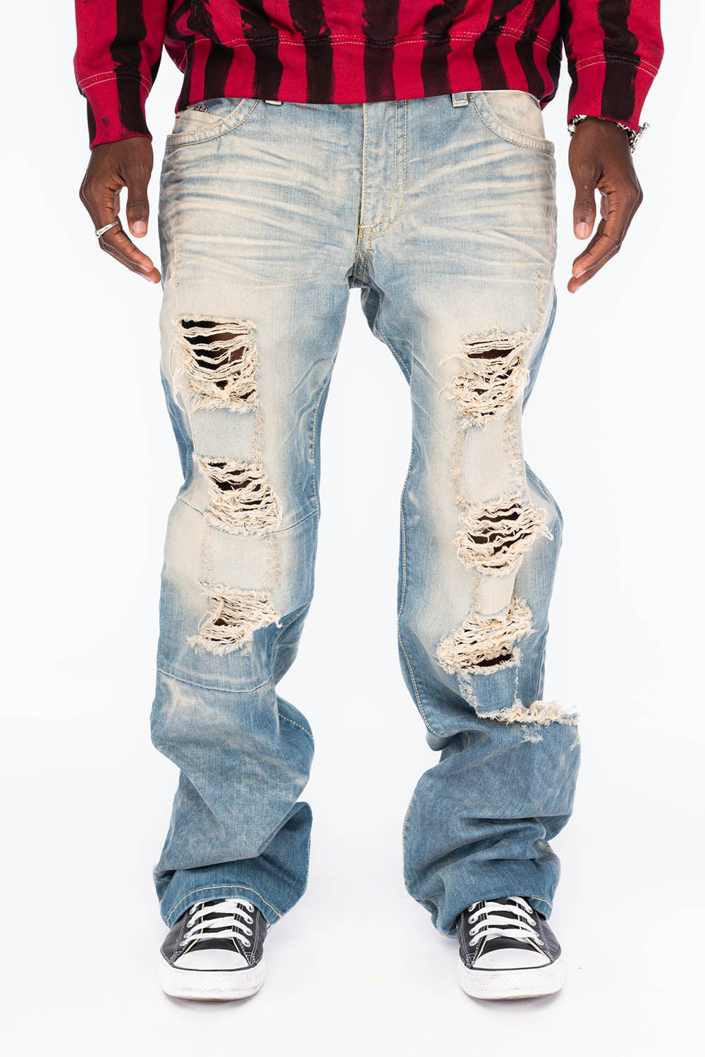 VINTAGE INDIGO DISTRESSED ,RIPPED JEAN IN OMAHA BROKEN WASH WITH RED CRYSTALS