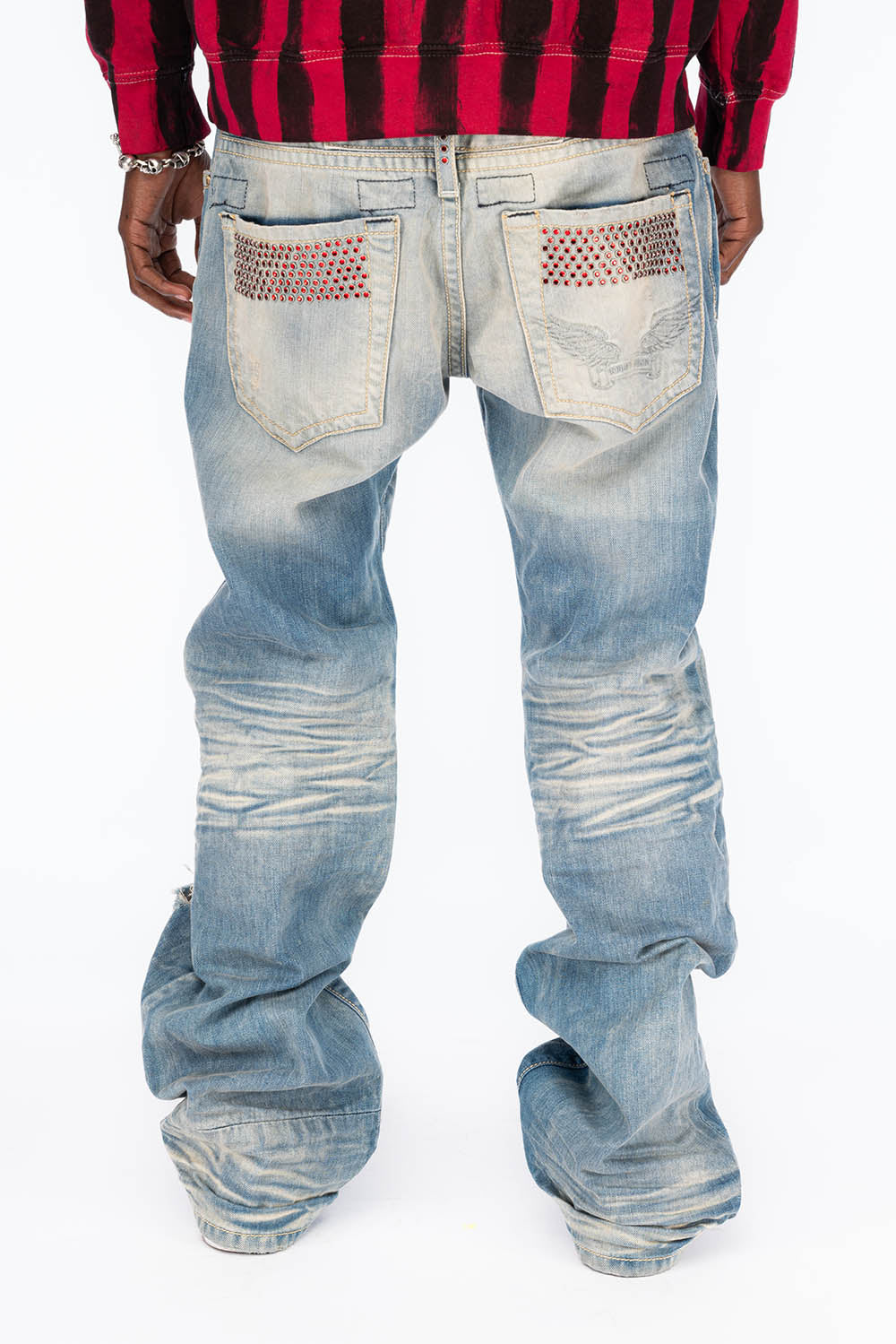 VINTAGE INDIGO DISTRESSED ,RIPPED JEAN IN OMAHA BROKEN WASH WITH RED CRYSTALS