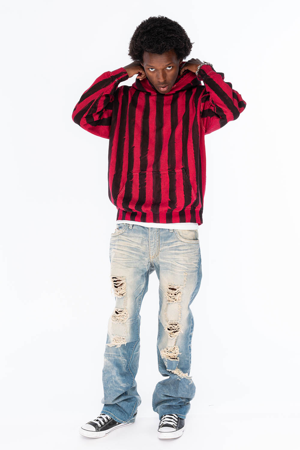 VINTAGE INDIGO DISTRESSED ,RIPPED JEAN IN OMAHA BROKEN WASH WITH RED CRYSTALS