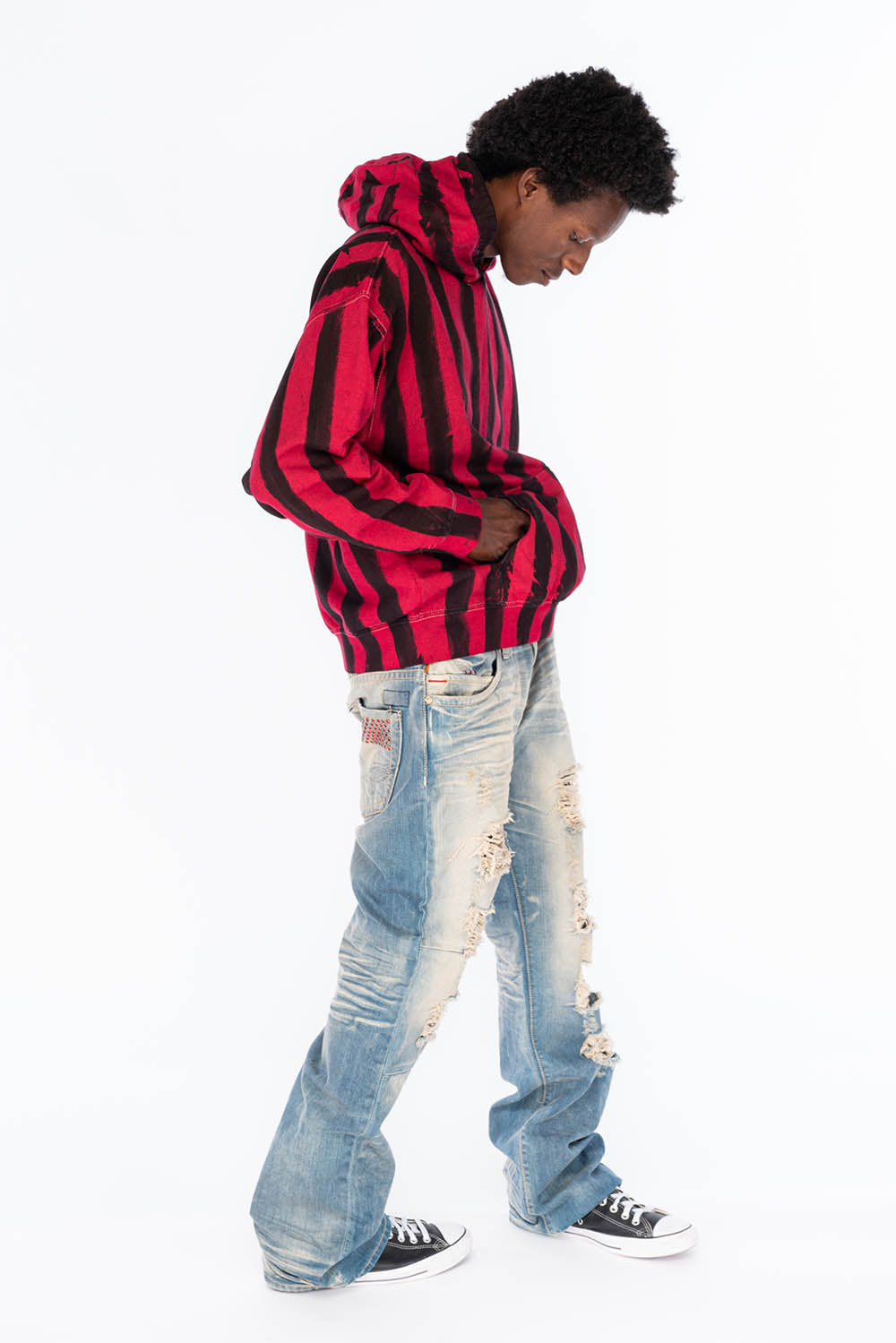 VINTAGE INDIGO DISTRESSED ,RIPPED JEAN IN OMAHA BROKEN WASH WITH RED CRYSTALS