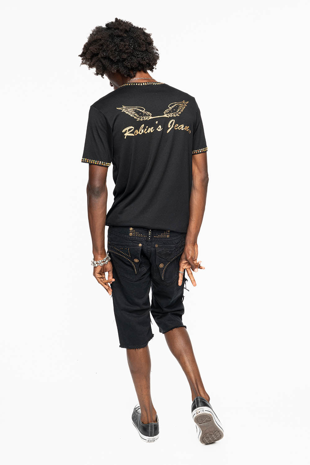 MENS DESTROYED SHORTS WITH KILLER FLAP POCKET IN BLACK WITH BRASS STUDS AND CRYSTALS