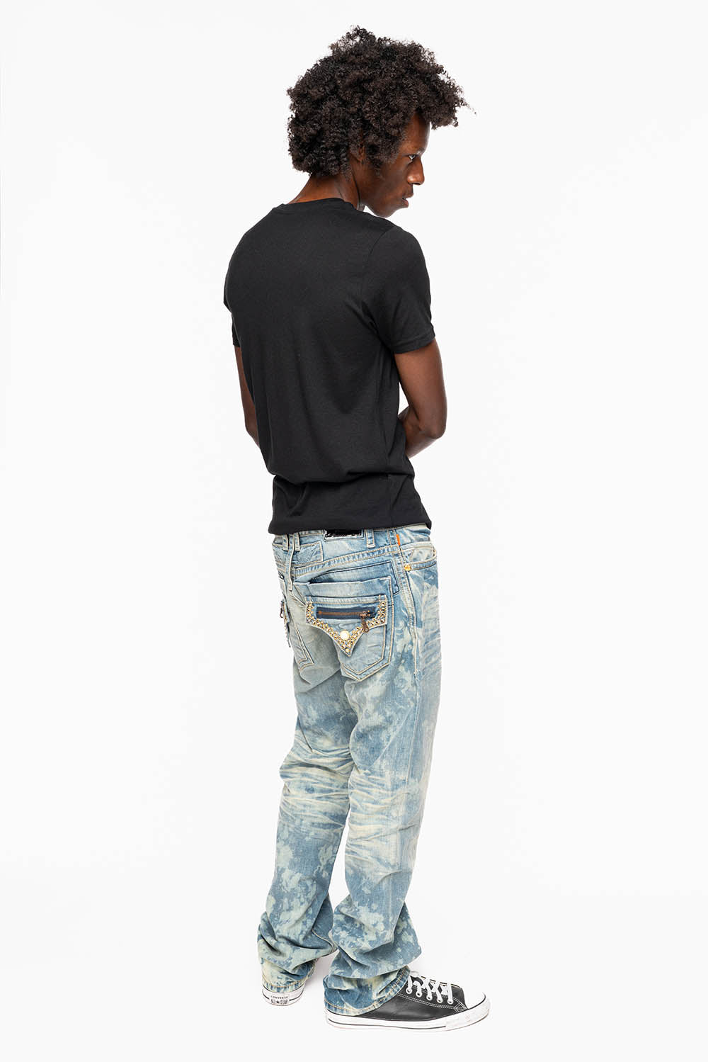 MENS SMALL FLAP POCKET STRAIGHT LEG JEANS IN ODESSA VINTAGE MEDIUM WASH WITH CRYSTALS