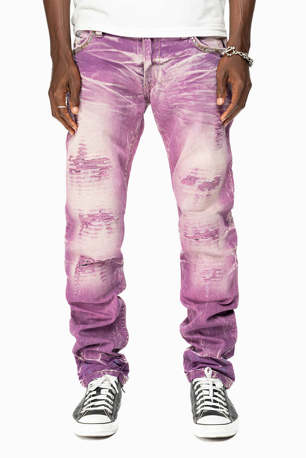 CLASSIC 5 POCKET SLIM LEG JEANS IN MONTECITO DESTROY WASH EMBELISHED WITH CRYSTALS AND STUDS