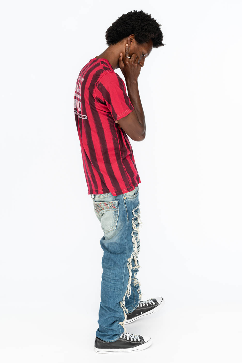 MARLON RIPPED,BROKEN HAND REPAIRED DENIM JEANS IN  MANDAN BLUE WITH STUDS AND CRYSTALS