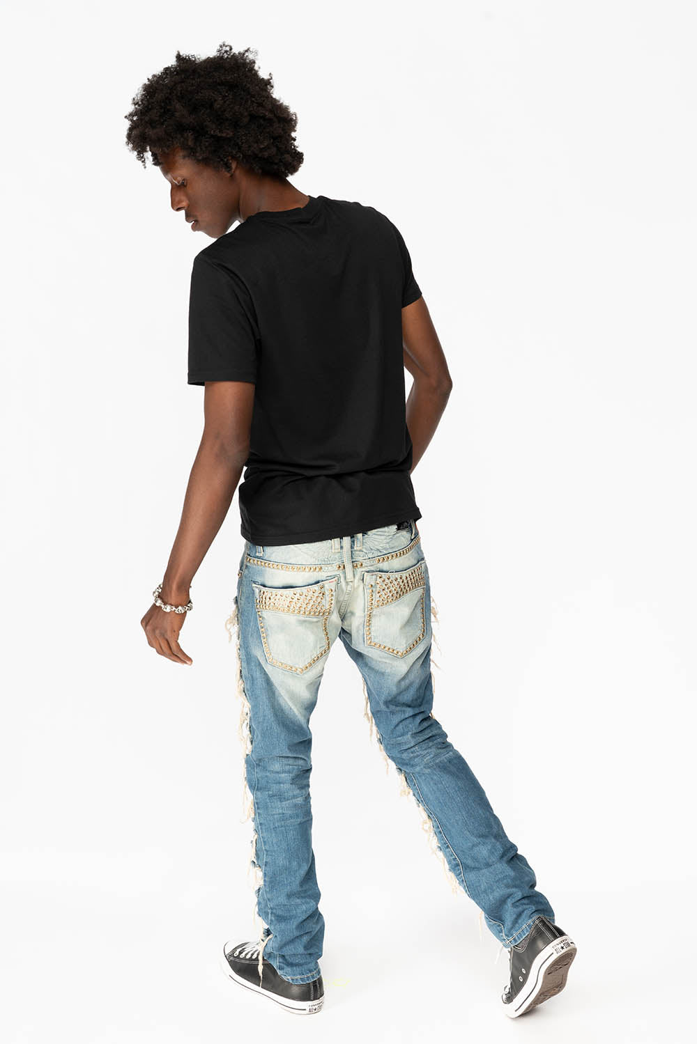 MARLON RIPPED,BROKEN HAND REPAIRED DENIM JEANS IN MANDAN BLUE WITH SMOKEY TOPAZ CRYSTALS AND  NAILHEADS