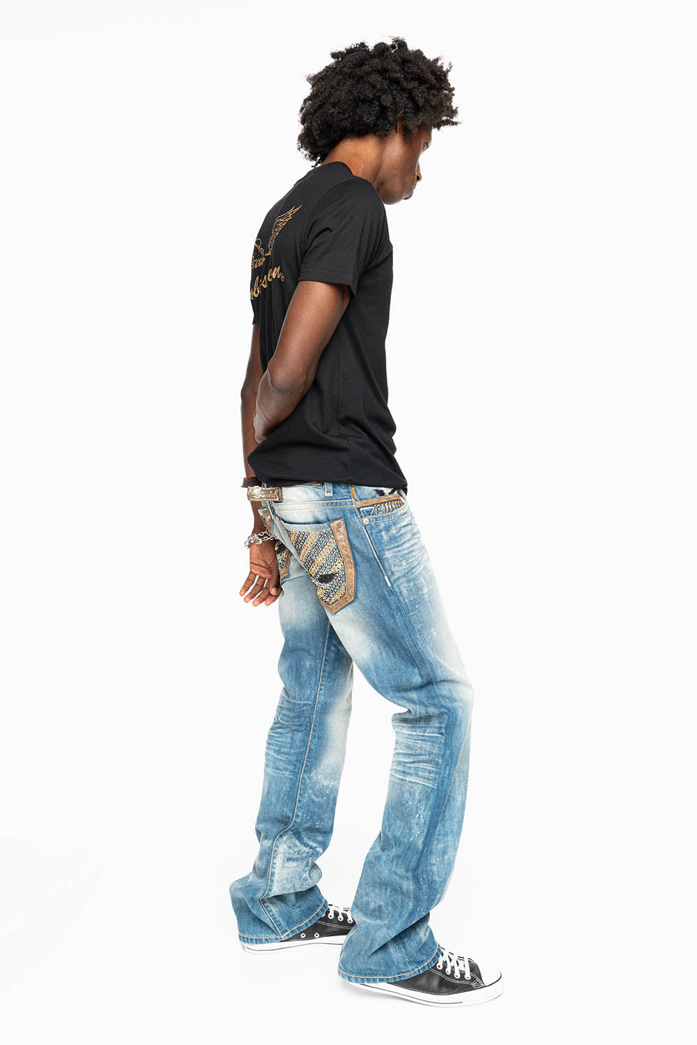 MENS CLASSIC SILVER RIVET POCKET STRAIGHT LEG JEANS IN AQUARAMA WASH WITH CRYSTALS