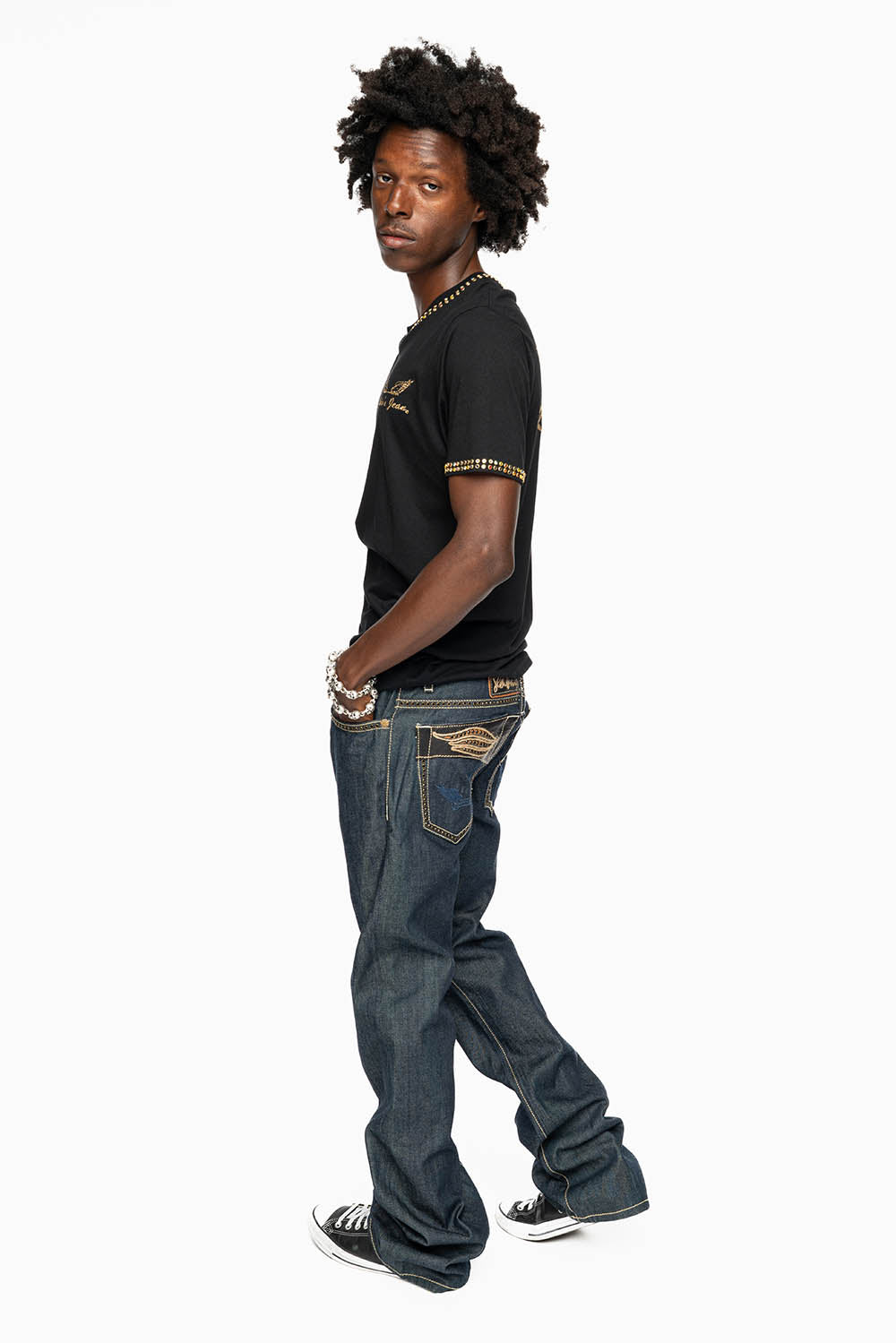 ROBIN’S BOOT CUT FAT BOY WESTERN JEAN IN RAW DENIM WITH LEATHER INSERTS EMBELLISHED WITH CRYSTALS