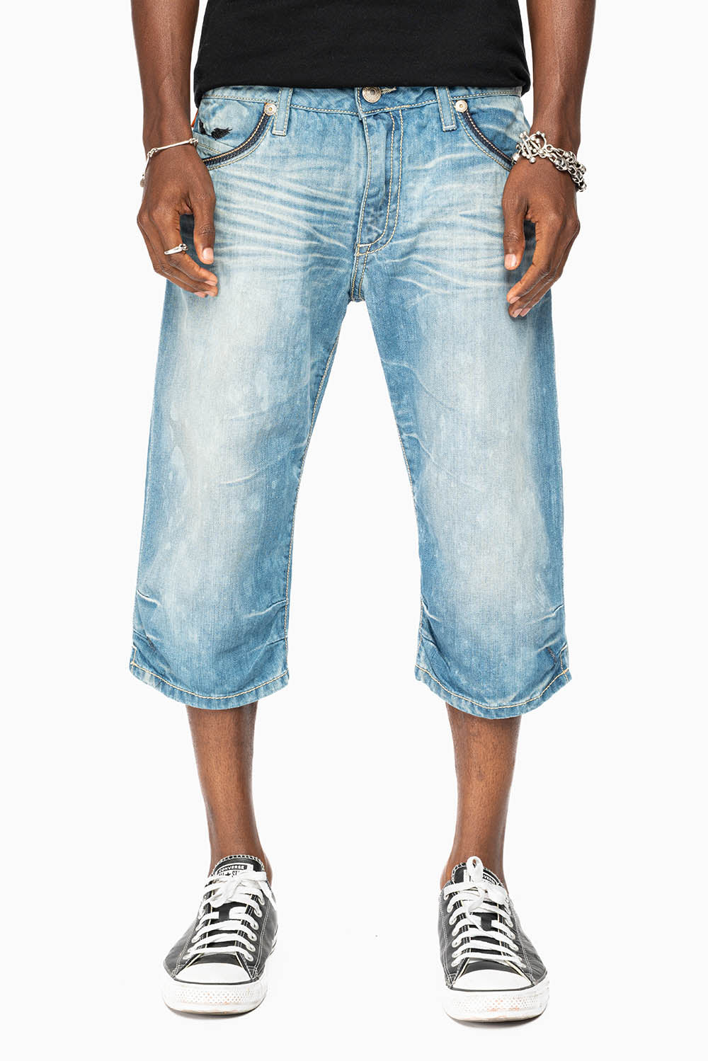 LIMITED EDITION EASY RIDER SHORTS W/ PATCHES IN AQUARAMA DARK WASH