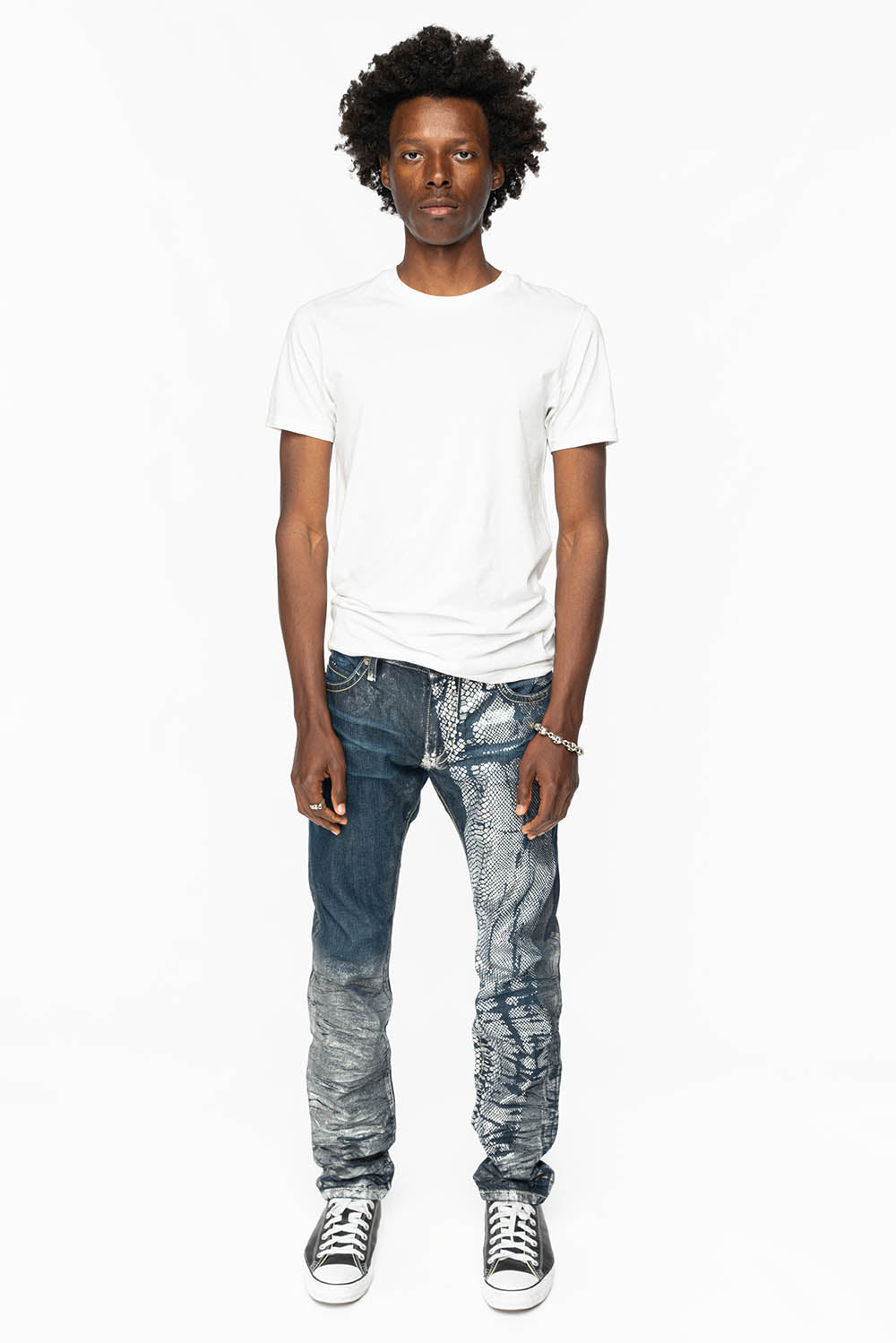 CLASSIC 5 POCKET STRAIGHT LEG JEANS IN DESIGNER SNAKE SILVER WASH