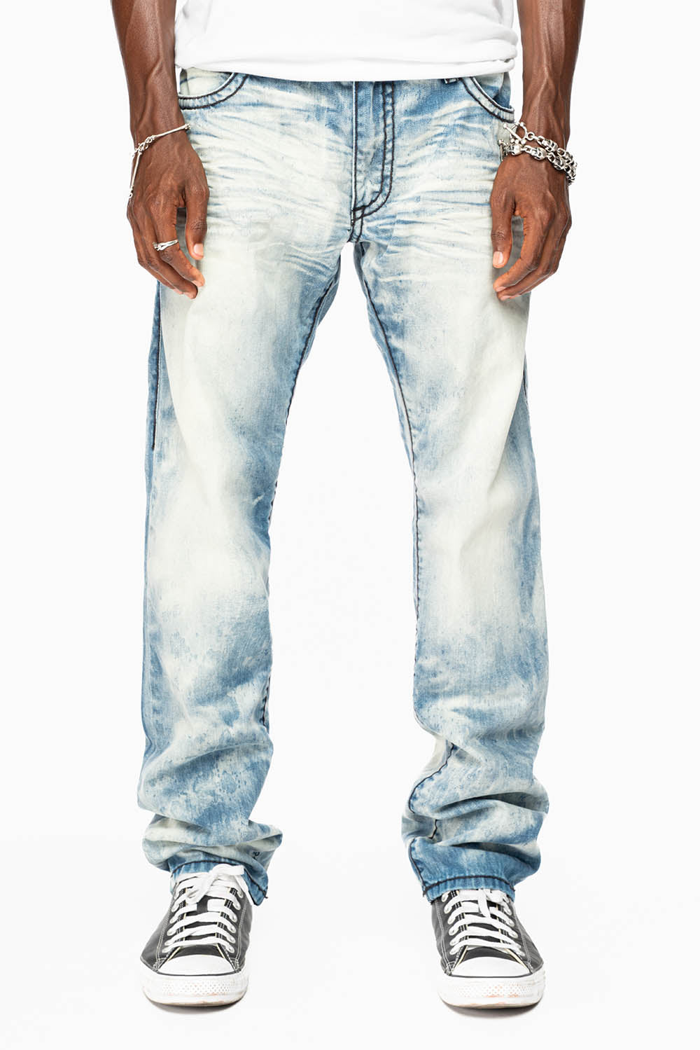 MENS SLIM FIT JEANS IN CHEROKEE DARK WASH WITH HEAVY STITCHING AND BLK EMBROIDERED WINGS