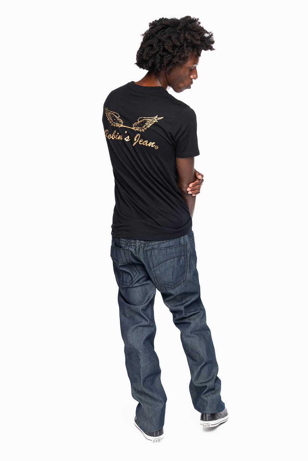 ROBIN'S SLIM FIT JEANS IN RAW DENIM EMBROIDERED ROBIN'S WING LOGO WITH BLK HEAVY STITCHING