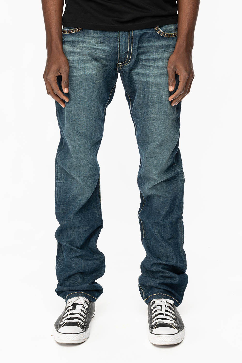 MENS CLASSIC 5 POCKET STRAIGHT LEG JEANS IN BLUE DARK WASH WITH STUDS