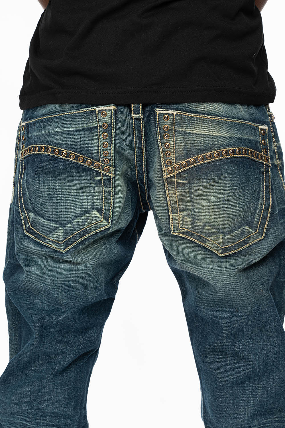 MENS CLASSIC 5 POCKET STRAIGHT LEG JEANS IN BLUE DARK WASH WITH STUDS