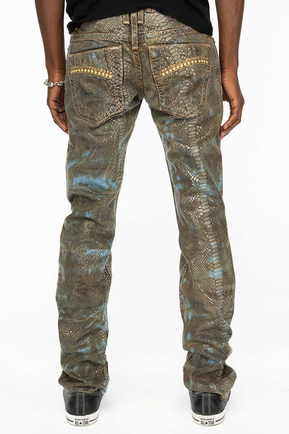 MENS CLASSIC 5 POCKET STRAIGHT LEG JEANS IN REPTILE WASH WITH STUDS AND CRYSTALS