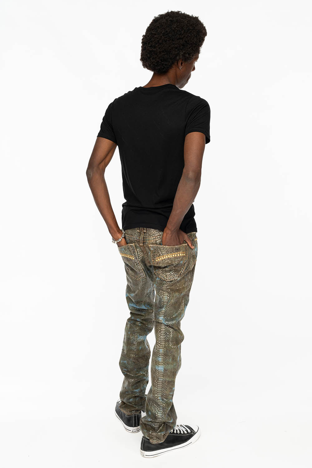 MENS CLASSIC 5 POCKET STRAIGHT LEG JEANS IN REPTILE WASH WITH STUDS AND CRYSTALS