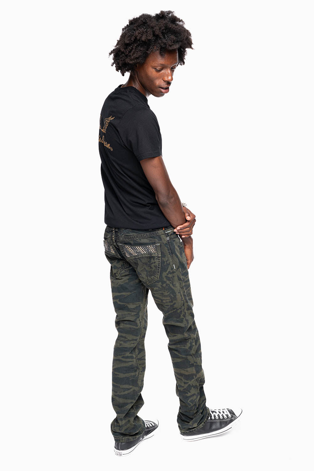 MENS CLASSIC 5 POCKET STRAIGHT LEG JEANS IN SALT DARK GREEN WASH EMBELLISHED WITH STUDS
