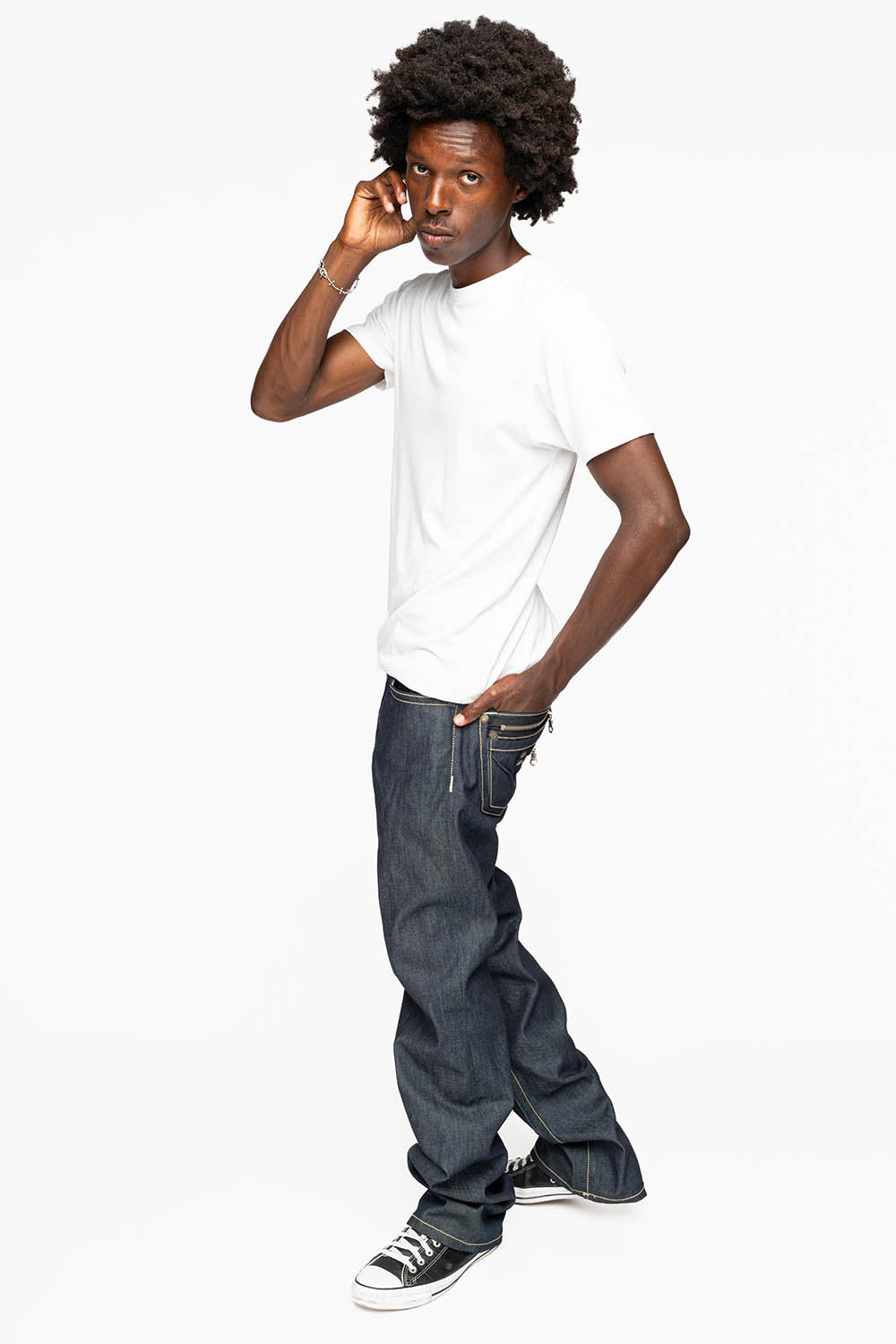TOBACCO JEAN W/BLK LEATHER FLAP & ZIPPERS IN RAW DENIM