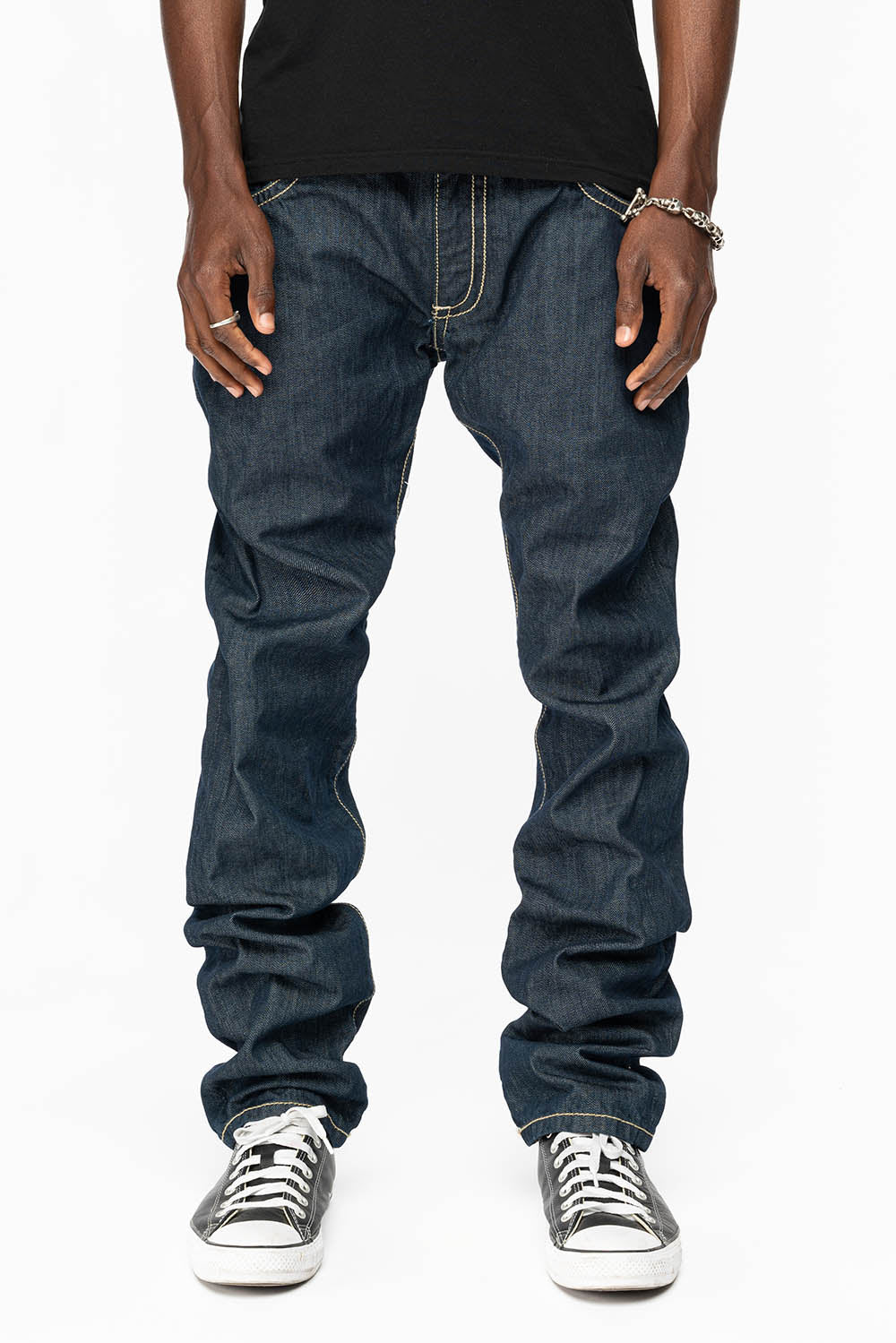 WESTERN RODEO DESIGN LEATHER FLAPS JEAN WITH EMBELLISHMENTS IN RINSE WASH