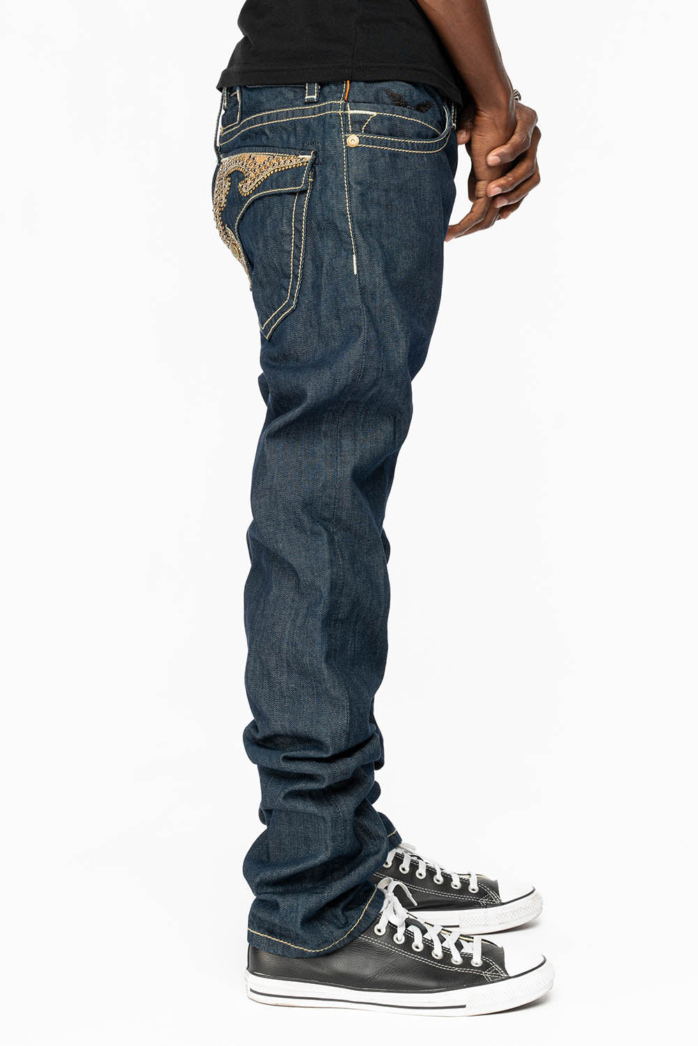 WESTERN RODEO DESIGN LEATHER FLAPS JEAN WITH EMBELLISHMENTS IN RINSE WASH