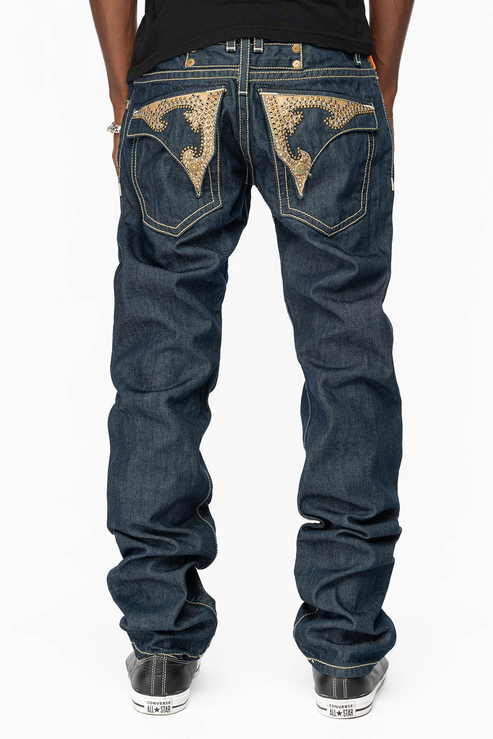 WESTERN RODEO DESIGN LEATHER FLAPS JEAN WITH EMBELLISHMENTS IN RINSE WASH