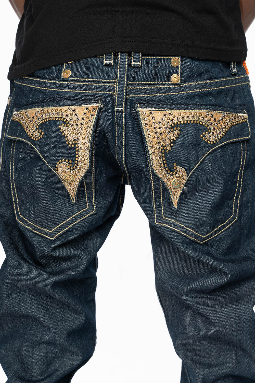 WESTERN RODEO DESIGN LEATHER FLAPS JEAN WITH EMBELLISHMENTS IN RINSE WASH